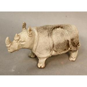 Rhinocéros En Raku, céramique craquelée 