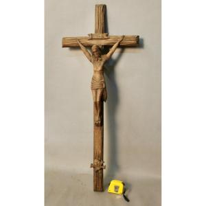 Christ In Carved Wood On Wooden Crucifix