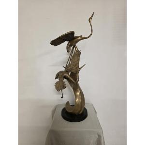 Brass Sculpture Depicting Gray Herons In Flight, 1940s