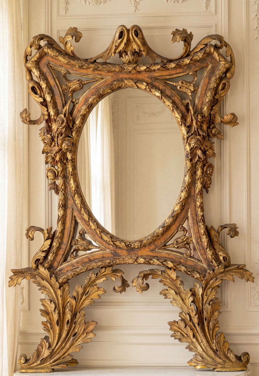 Large Mirror, Naples/rome, 18th Century, Carved And Gilded.