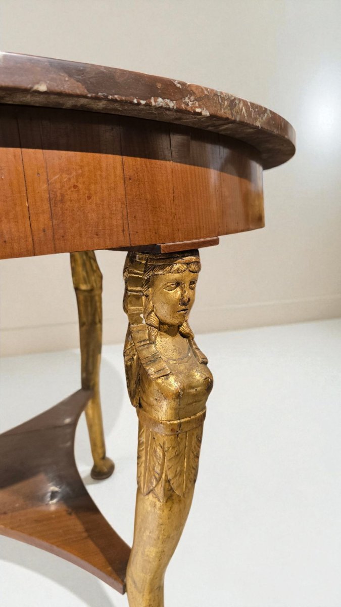 Table "return From Egypt", 19th Century, Italy, Cherry Veneer And Gilt Sphinxes-photo-3
