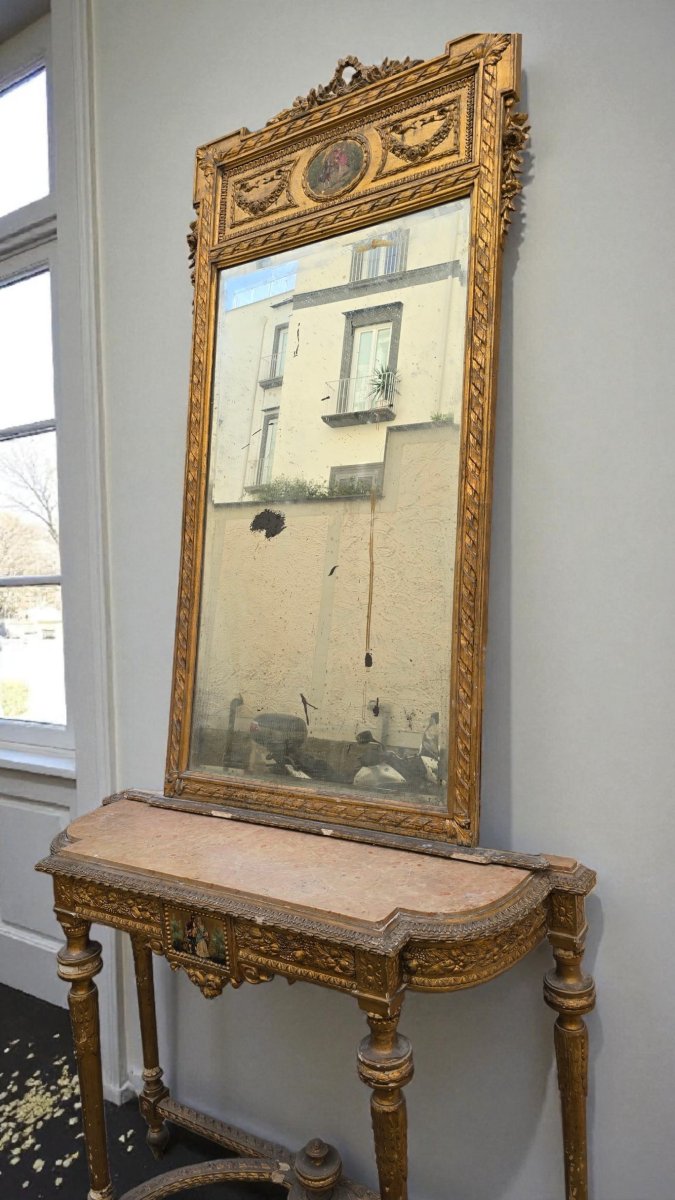 Console avec miroir, XIXe siècle, style Napoléon III, bois dorè-photo-2