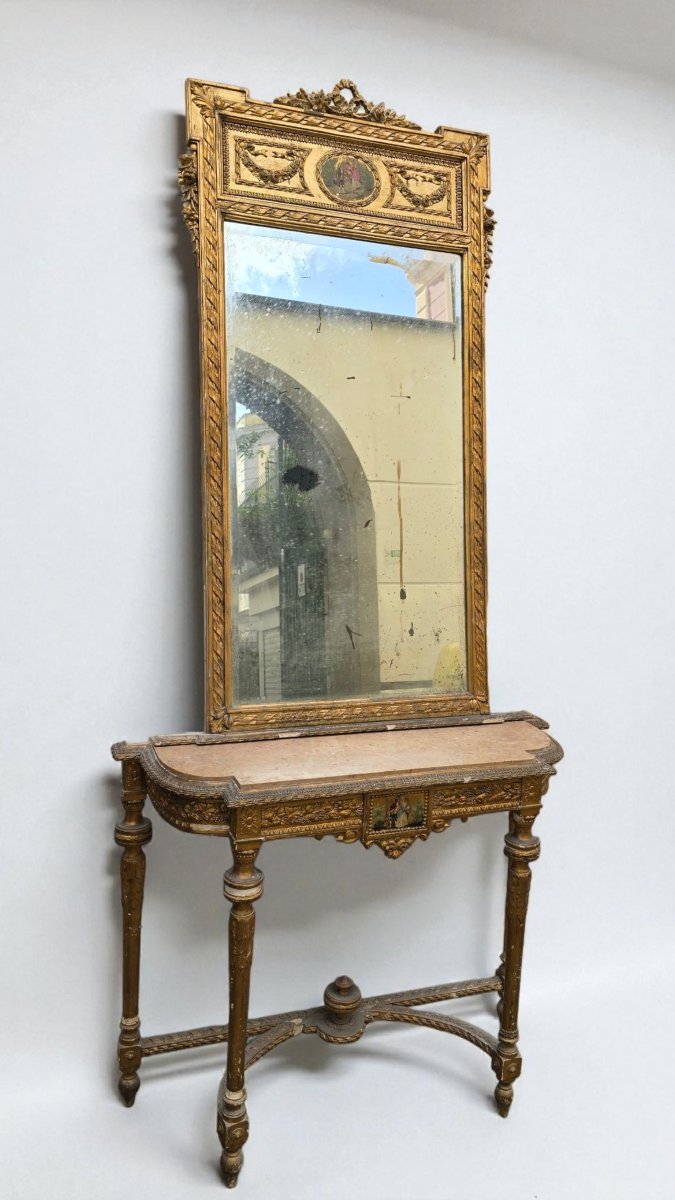 Console avec miroir, XIXe siècle, style Napoléon III, bois dorè-photo-3