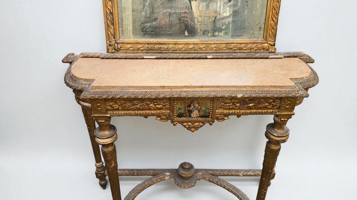 Console avec miroir, XIXe siècle, style Napoléon III, bois dorè-photo-4