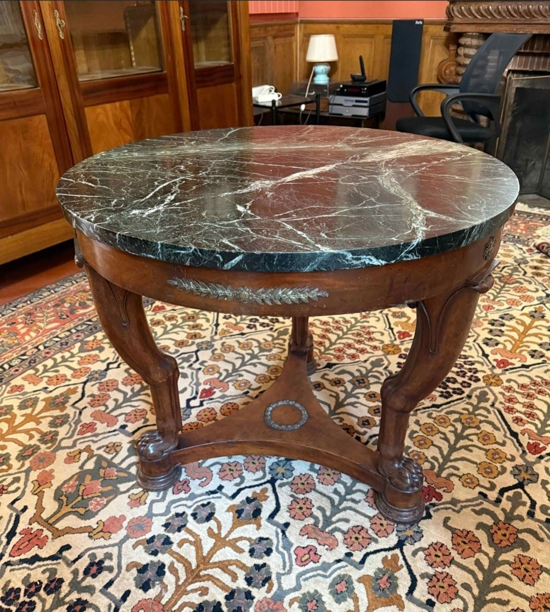Mahogany Veneered Empire Table, Green Marble Top, Bronze, Early XIXème.-photo-2