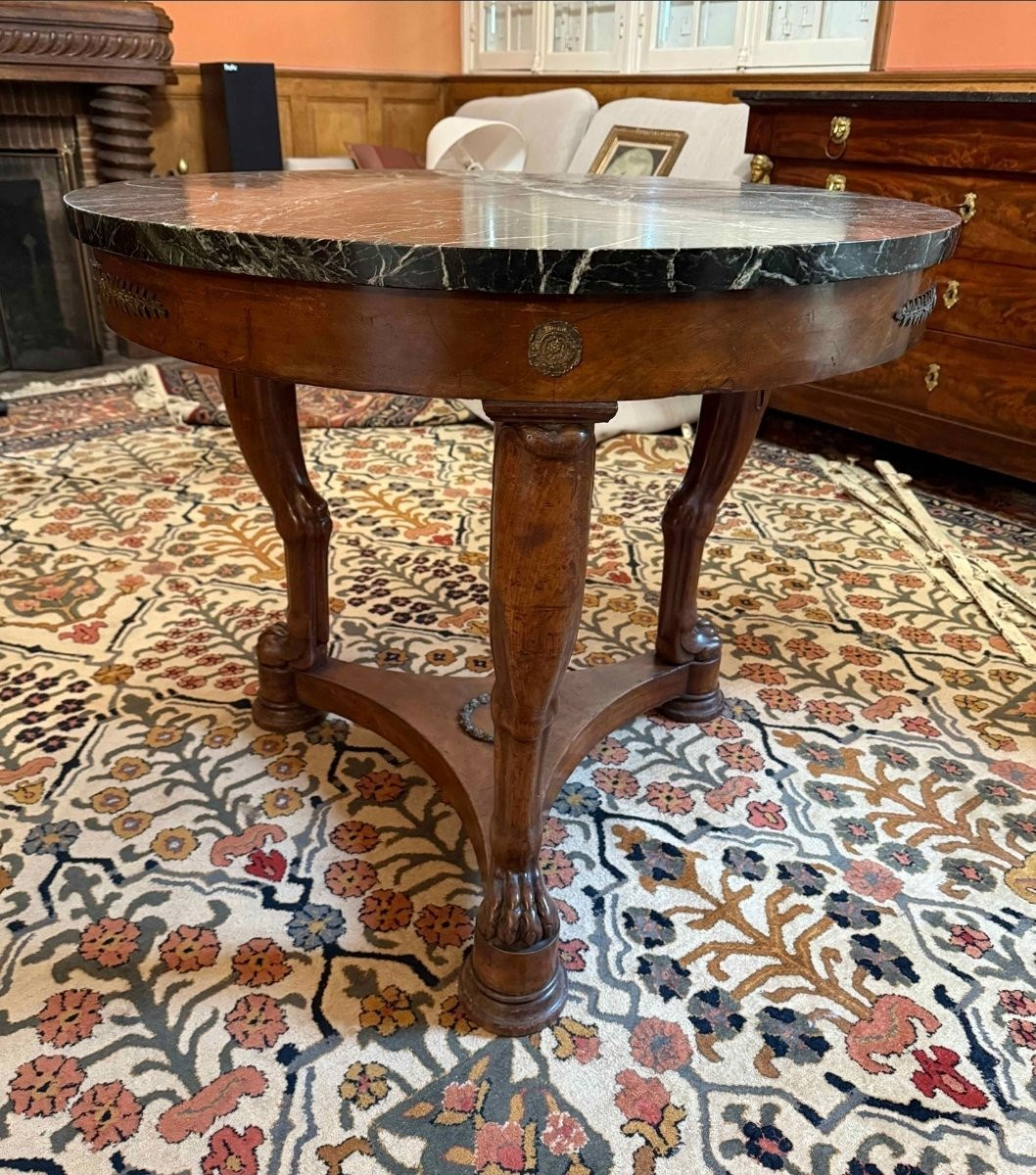 Mahogany Veneered Empire Table, Green Marble Top, Bronze, Early XIXème.-photo-3
