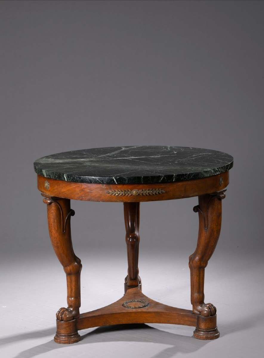 Mahogany Veneered Empire Table, Green Marble Top, Bronze, Early XIXème.