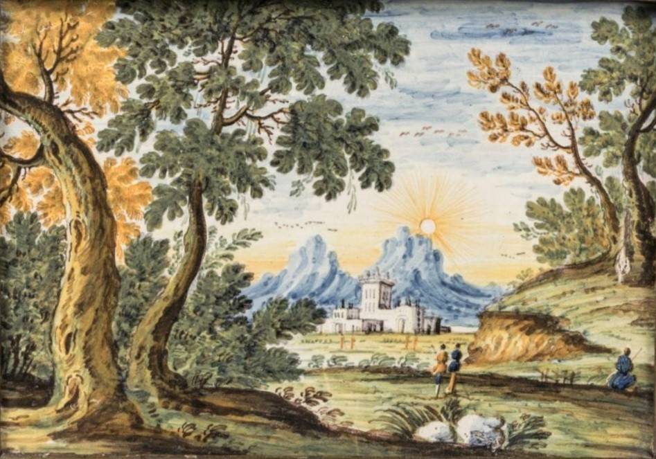 Plaque en faïence Castelli du XVIIIe siècle, raff. "Paysage avec des figurines et un château"-photo-2