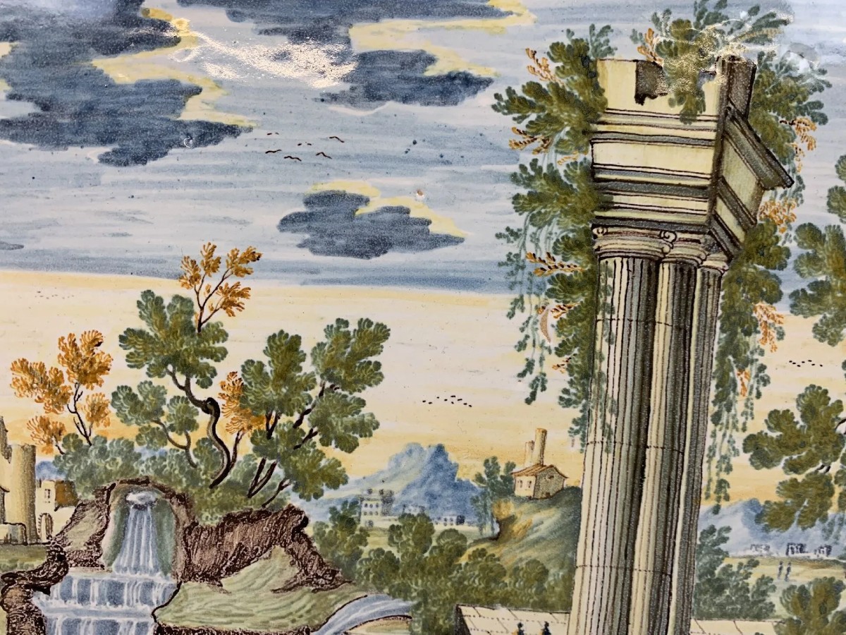 Large Earthenware Plaque Depicting 18th Castles, Ref. "landscape With Figurines And Ruins"-photo-2