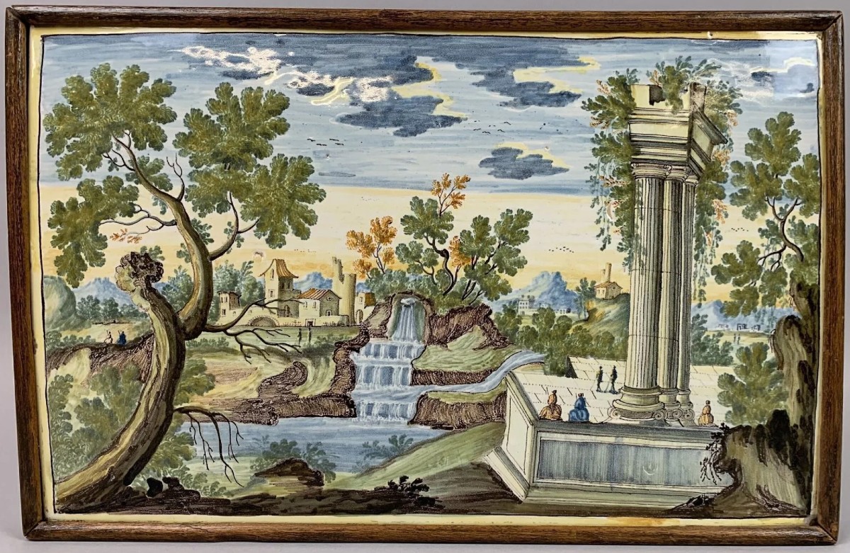 Large Earthenware Plaque Depicting 18th Castles, Ref. "landscape With Figurines And Ruins"