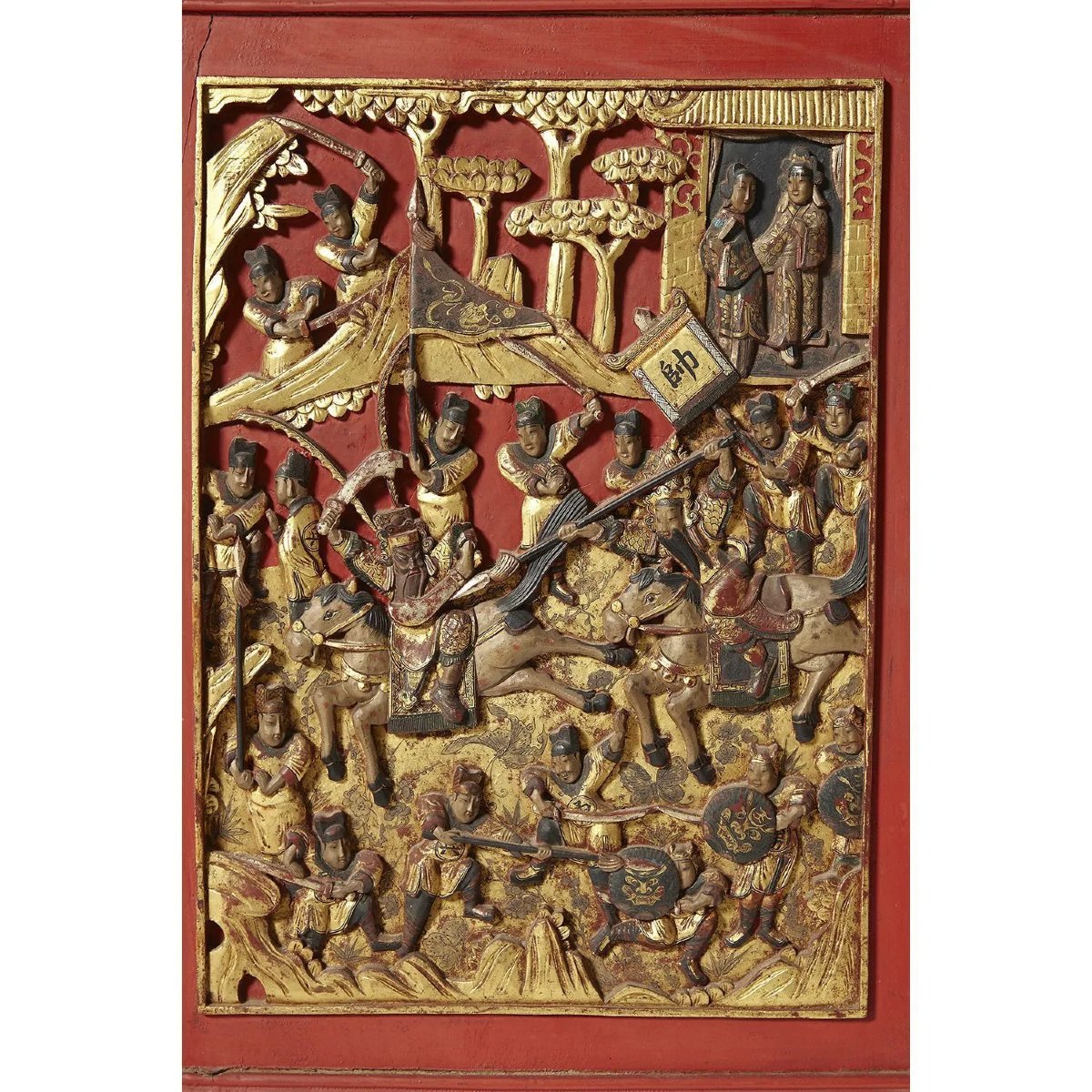 Large Four-poster Bed In Red And Gold Lacquered Wood, Decorated With Lacquered Panels. Chin-photo-4