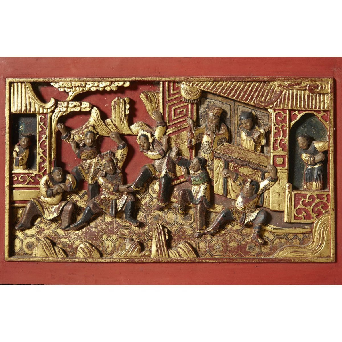 Large Four-poster Bed In Red And Gold Lacquered Wood, Decorated With Lacquered Panels. Chin-photo-6