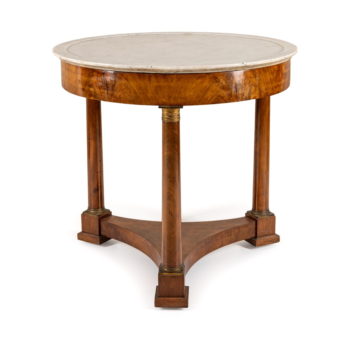Walnut Veneered Table, White Marble Top With Beveled Edge, 19th Empire