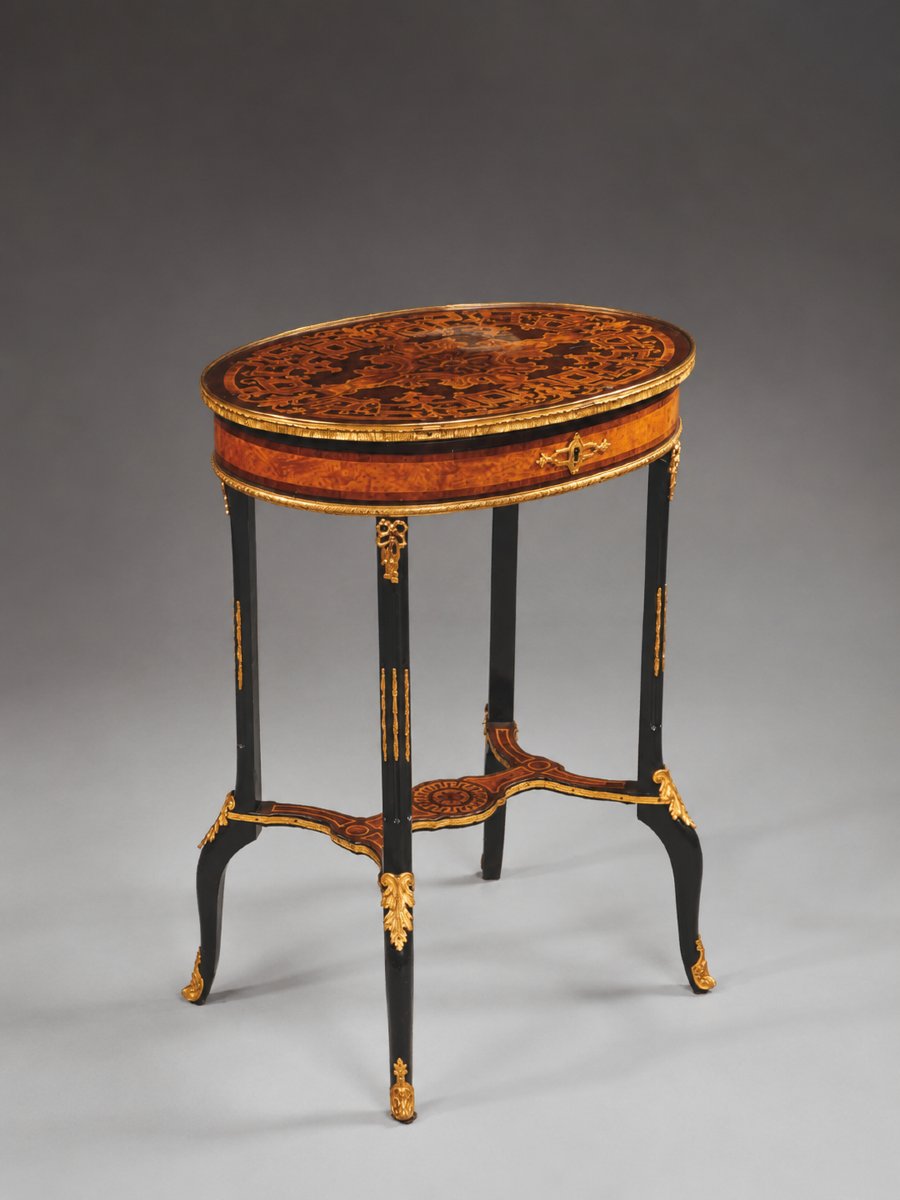Napoleon III-style Center Table, Mahogany, Marquetry, And Gilded Bronze, Late 19th Century