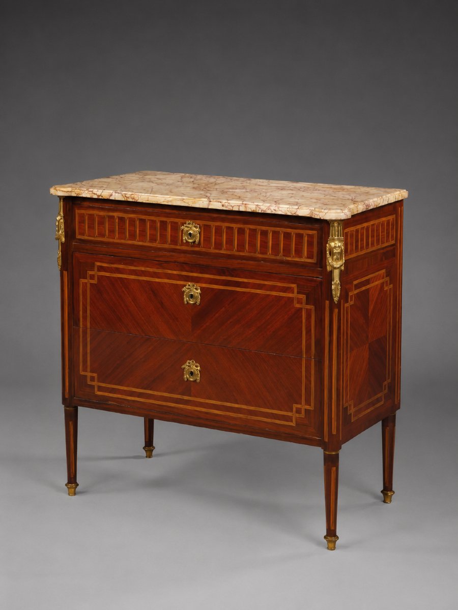 Commode De Style Louis XVI En Bois Marqueté Et Bronzes Dorés, Plateau En Marbre Veiné-photo-2
