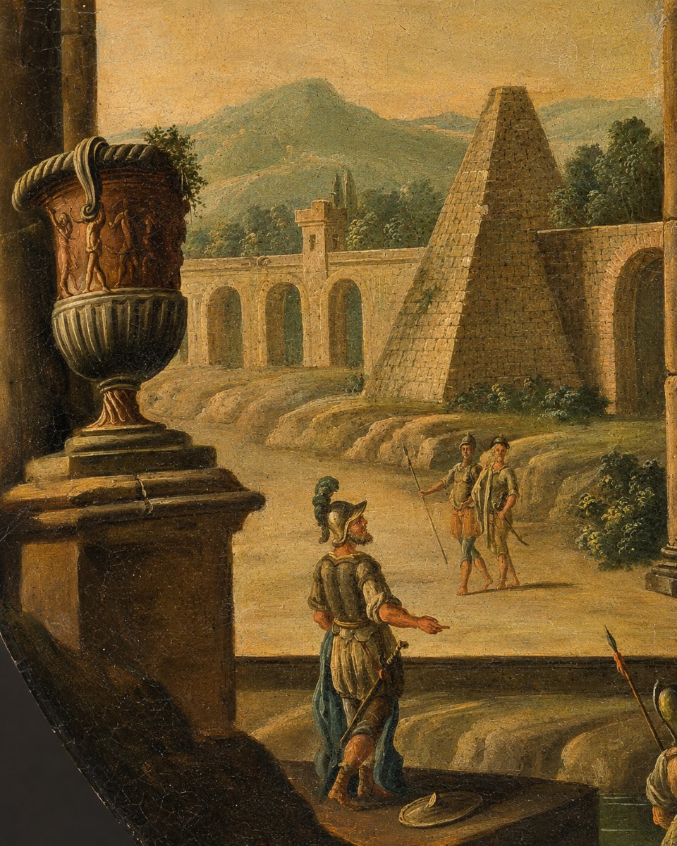  Caprice architectural avec ruines classiques et personnages – École italienne, XVIIIe siècle-photo-3