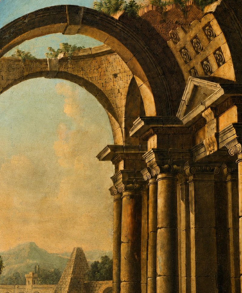  Caprice architectural avec ruines classiques et personnages – École italienne, XVIIIe siècle-photo-4