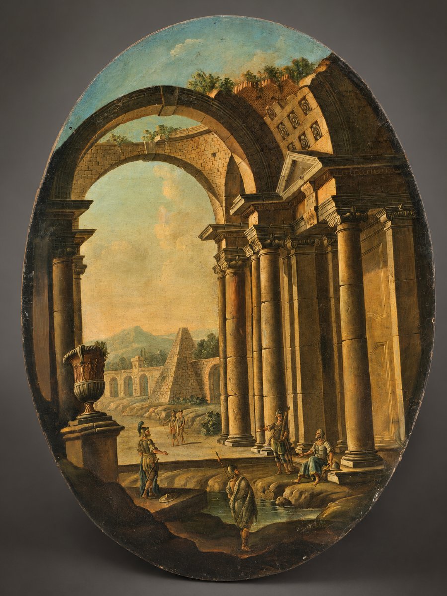  Caprice architectural avec ruines classiques et personnages – École italienne, XVIIIe siècle