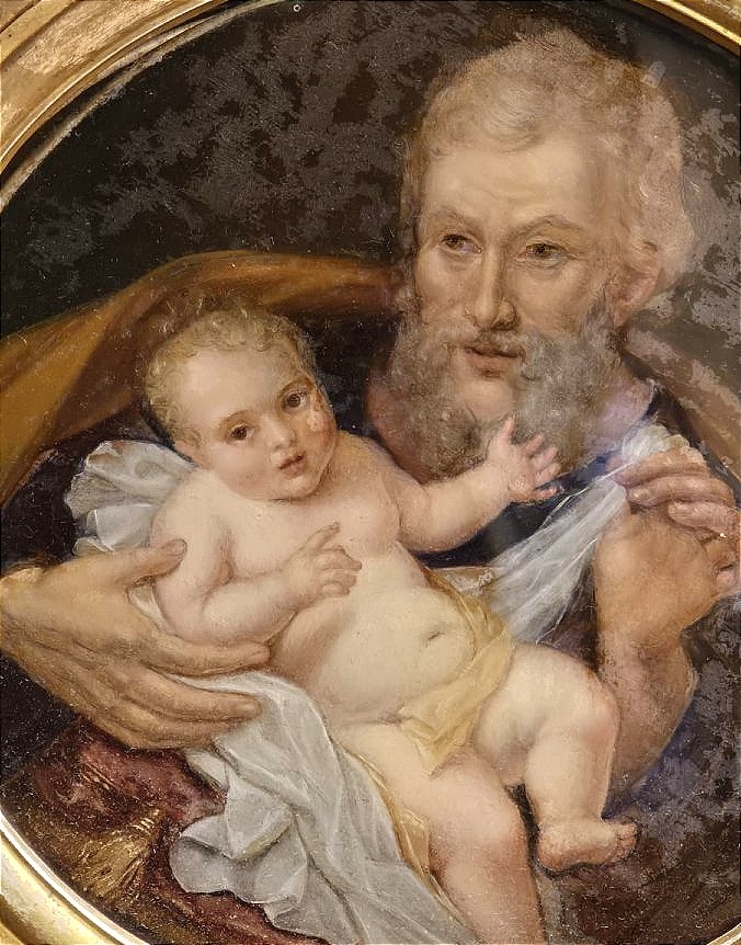 Saint Joseph avec l’Enfant Jésus, peinture sous verre, cadre en bois doré, 1842-photo-2