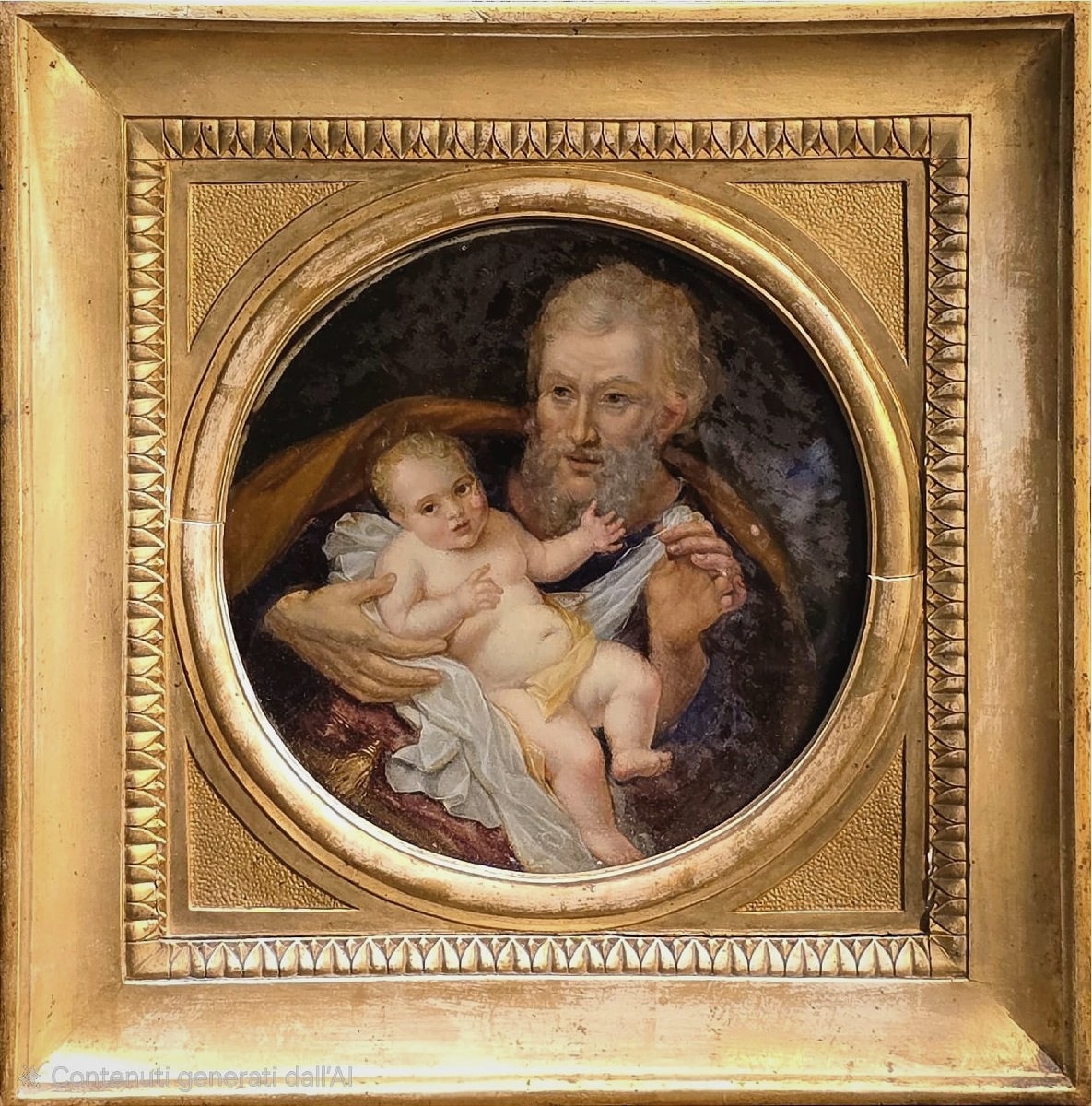 Saint Joseph avec l’Enfant Jésus, peinture sous verre, cadre en bois doré, 1842