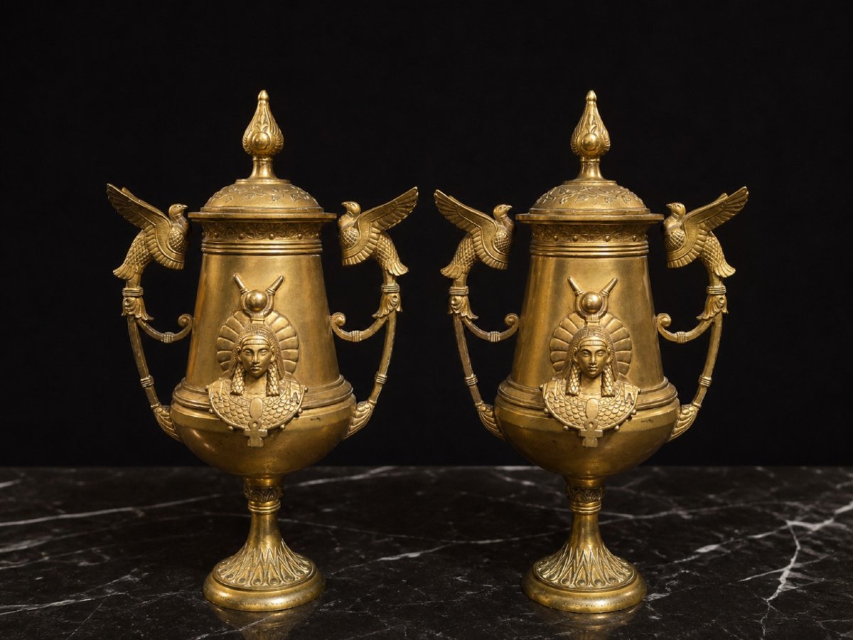 Paire de cassolettes en bronze doré, goût Retour d’Égypte, XIXème