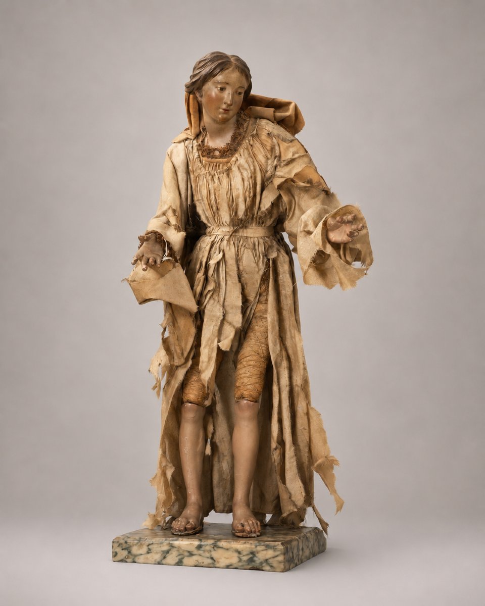 18th-century Neapolitan Nativity Madonna In Terracotta, Wood And Silk-photo-2