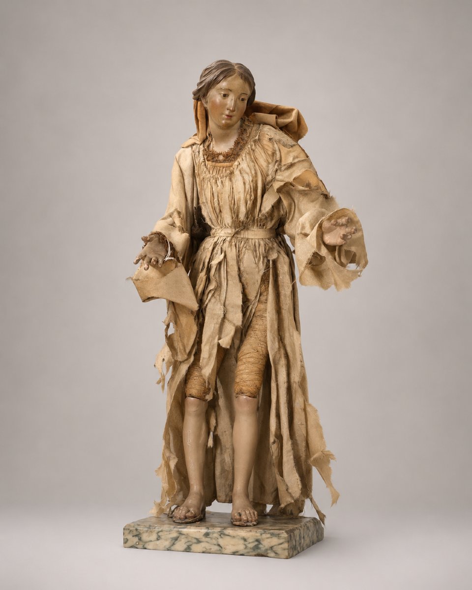 18th-century Neapolitan Nativity Madonna In Terracotta, Wood And Silk