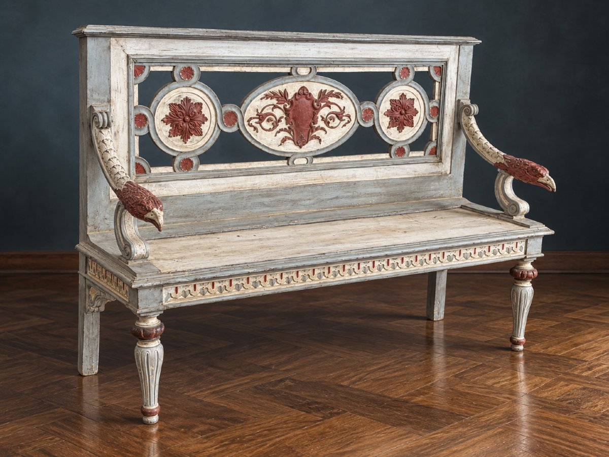 Banquette en bois sculpté et peint, caractérisée par un riche décor goût néoclassique. XIXème-photo-4