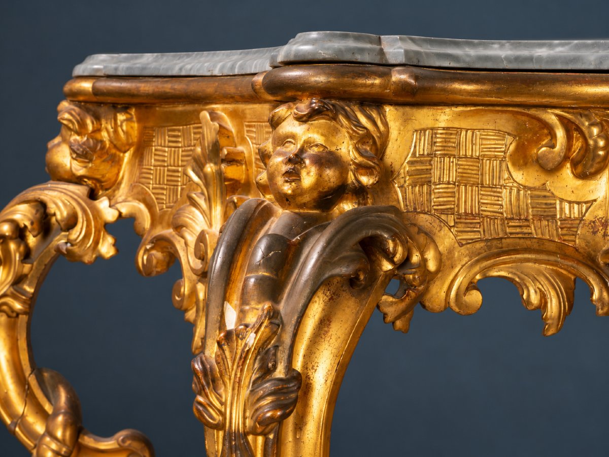 Large Gilded Rococo-style Console Table With Gray Marble – Late 19th Century-photo-3