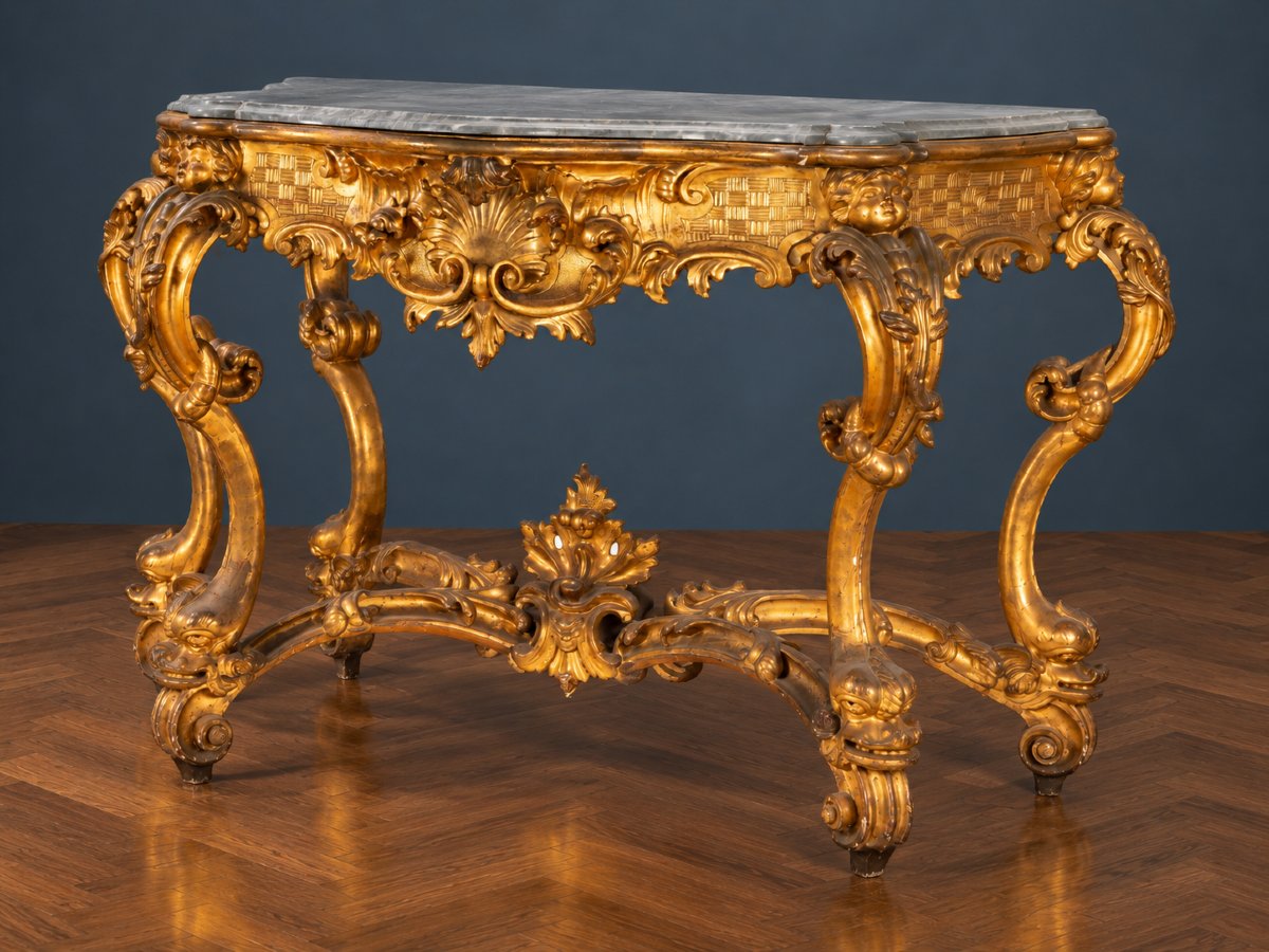 Large Gilded Rococo-style Console Table With Gray Marble – Late 19th Century-photo-2