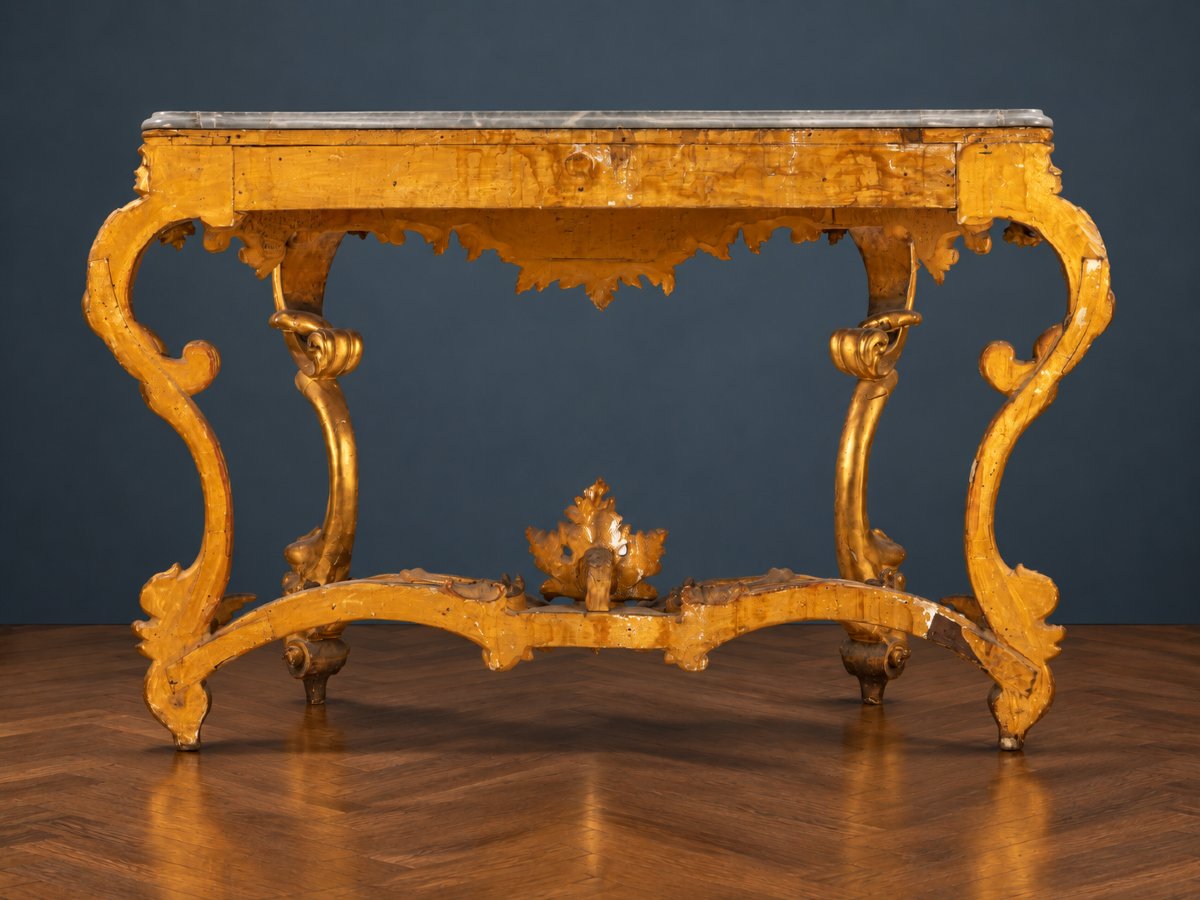Large Gilded Rococo-style Console Table With Gray Marble – Late 19th Century-photo-3