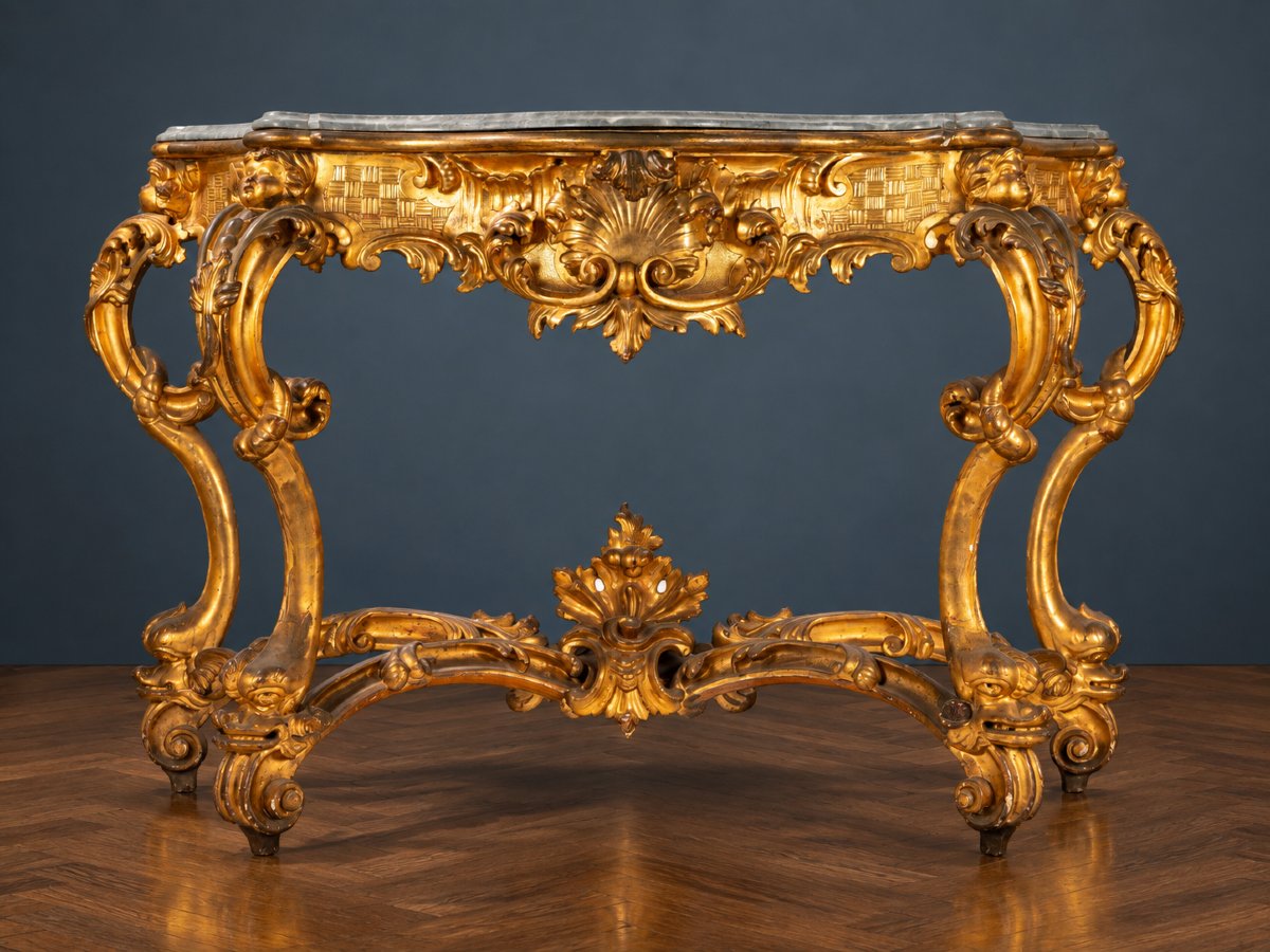 Large Gilded Rococo-style Console Table With Gray Marble – Late 19th Century
