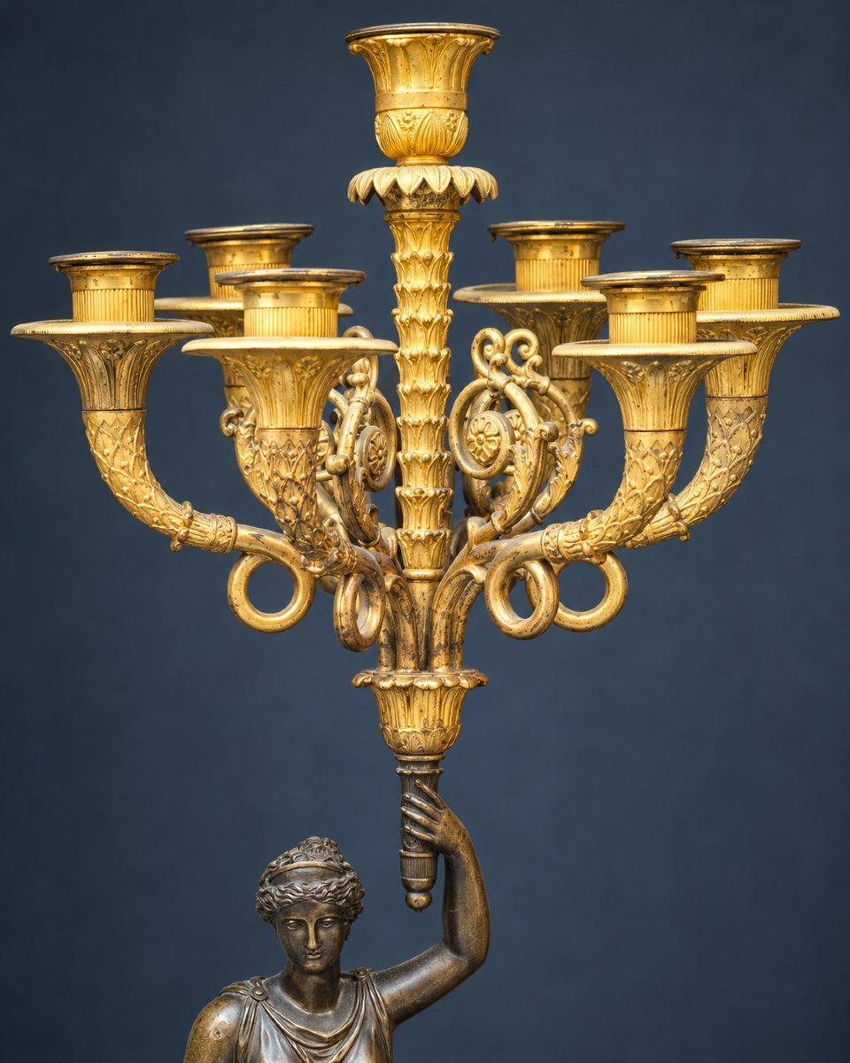 Coppia Di Monumentali Candelabri In Bronzo Dorato E Patinato, XIX Secolo - 85 Cm-photo-3