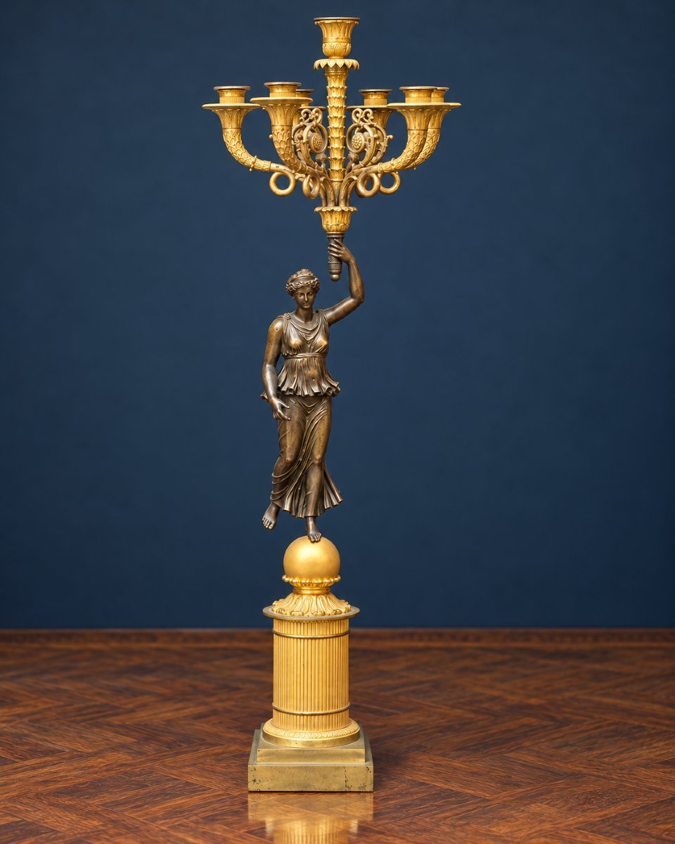 Coppia Di Monumentali Candelabri In Bronzo Dorato E Patinato, XIX Secolo - 85 Cm-photo-1