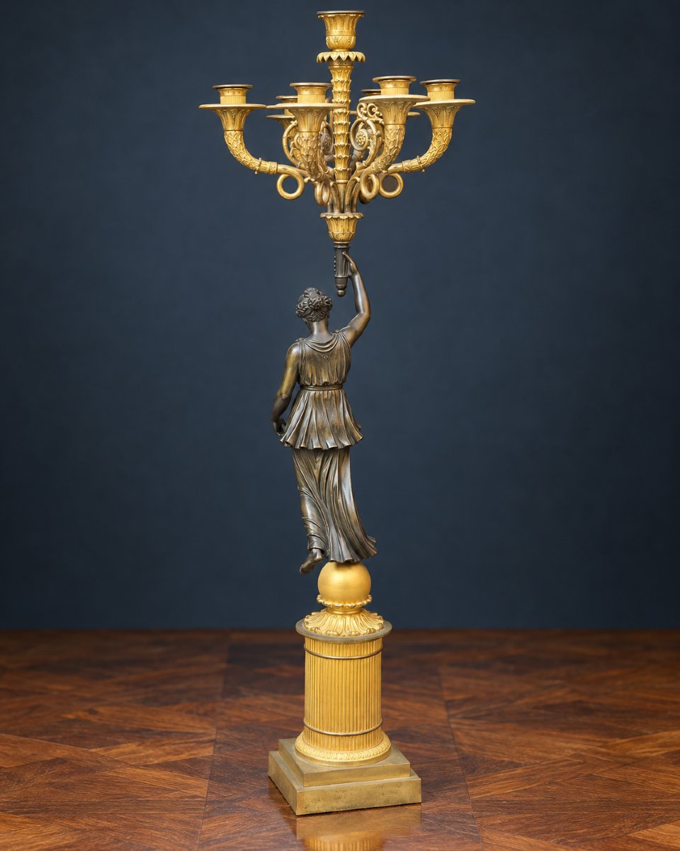 Coppia Di Monumentali Candelabri In Bronzo Dorato E Patinato, XIX Secolo - 85 Cm-photo-2