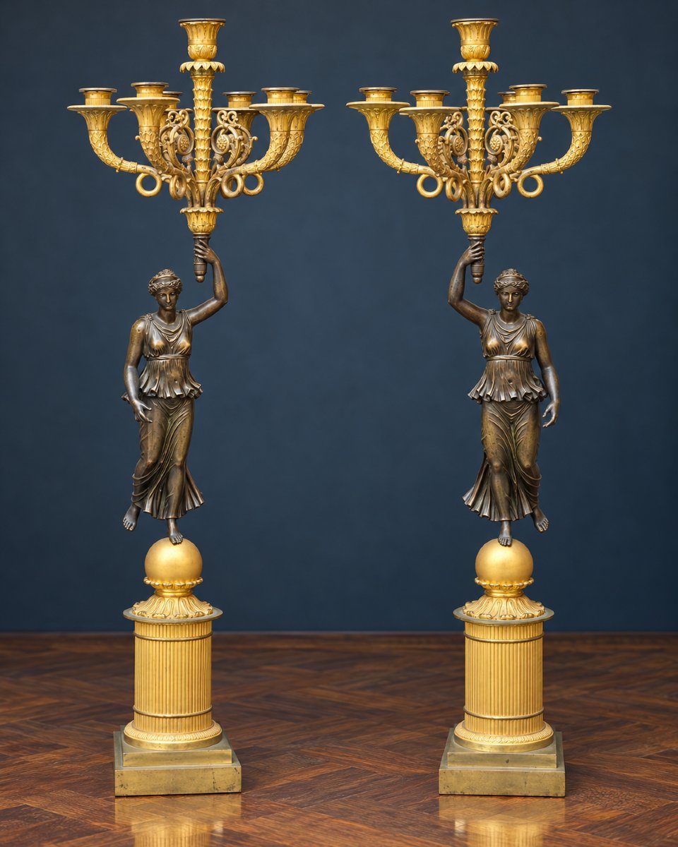 Coppia Di Monumentali Candelabri In Bronzo Dorato E Patinato, XIX Secolo - 85 Cm