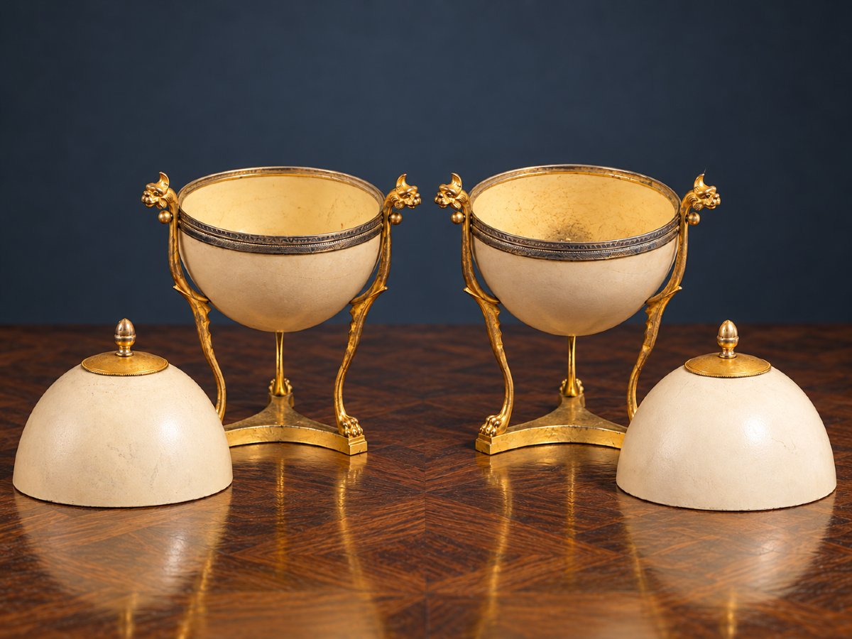 Paire d’œufs d’autruche montés en métal doré à décor de têtes d’animaux, XIXème siècle-photo-2