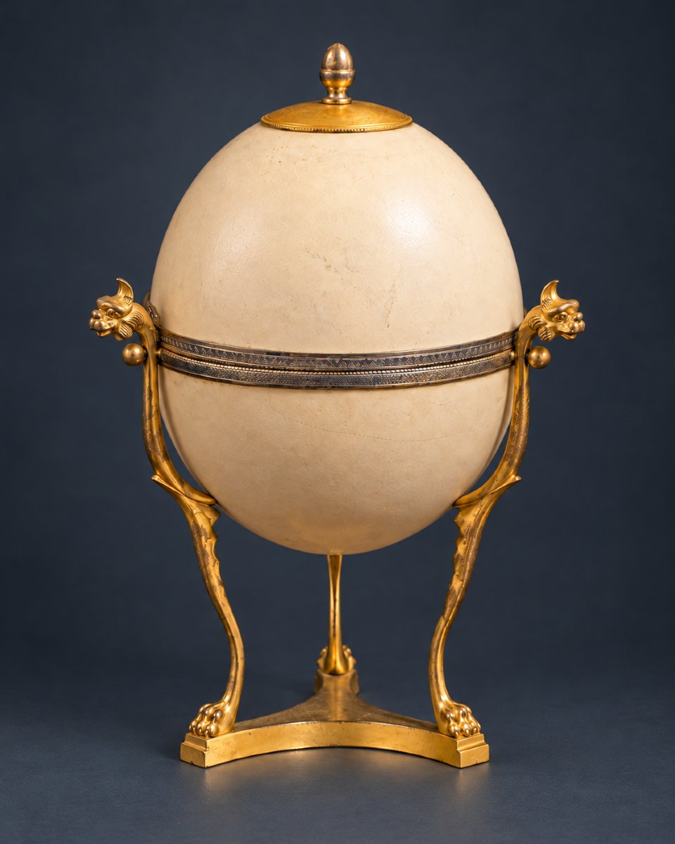 Paire d’œufs d’autruche montés en métal doré à décor de têtes d’animaux, XIXème siècle-photo-4