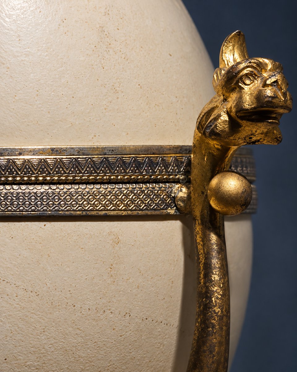 Paire d’œufs d’autruche montés en métal doré à décor de têtes d’animaux, XIXème siècle-photo-1