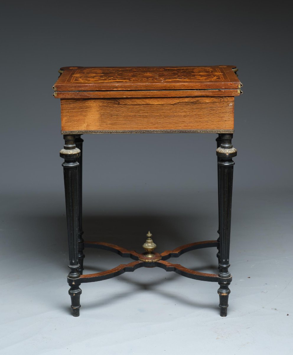 Table de Jeu en Bois Noirci et Marqueterie, Style Louis XVI, Époque Napoléon III-photo-3