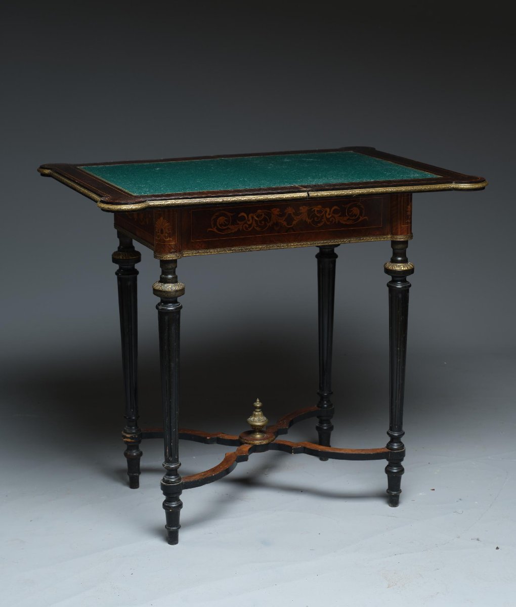 Table de Jeu en Bois Noirci et Marqueterie, Style Louis XVI, Époque Napoléon III