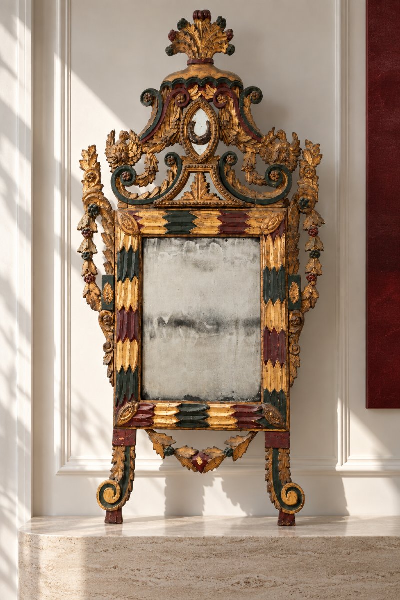  Large Mirror, 18th-century; Italiy, Gilt And Lacquered Wood