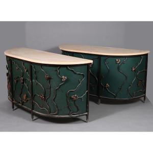 Two Half-moon Console Tables In Painted Iron With Tendrils And Foliage, White Marble , 20th Cen