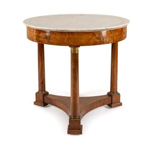 Walnut Veneered Table, White Marble Top With Beveled Edge, 19th Empire