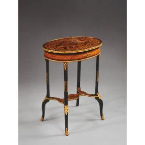 Napoleon III-style Center Table, Mahogany, Marquetry, And Gilded Bronze, Late 19th Century