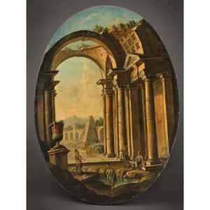  Caprice architectural avec ruines classiques et personnages – École italienne, XVIIIe siècle