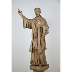 Grande sculpture en bois représentant un saint jésuite, signée Th. Koob, Anvers, XIXe siècle