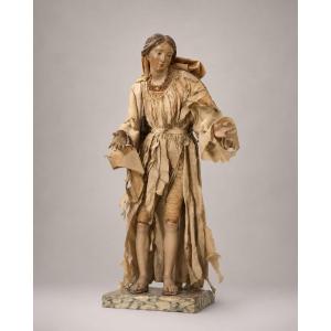 18th-century Neapolitan Nativity Madonna In Terracotta, Wood And Silk