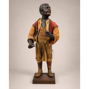 Rare Figure Of A Young Moor "blackamoor" In Lacquered Wood And Fabric Clothing, 19th Century
