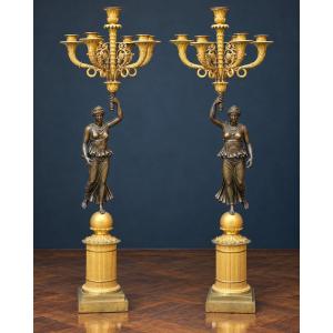 Paire de candélabres monumentaux en bronze doré et patiné , XIXemè siècle - 85 cm